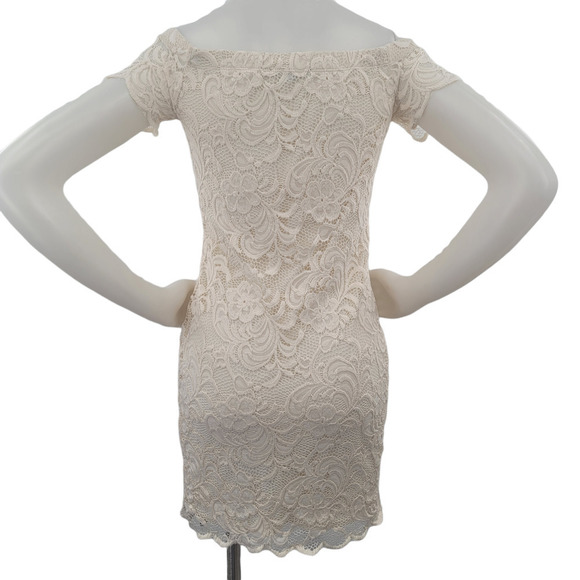 AMBIANCE Lace Ivory Cream Bodycon Mini Dress Size L Off the Shoulder - Picture 2 of 6
